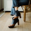 Bottine plateforme en cuir lisse marine et camel