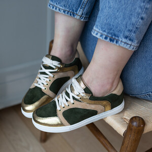 Baskets en velours kaki, camel et irisé bronze