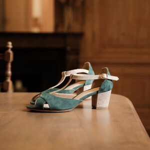 Eucalyptus green T-strap with a small gold heel