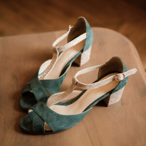 Eucalyptus green T-strap with a small gold heel