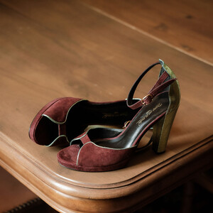 Purple and green high-heeled sandal 