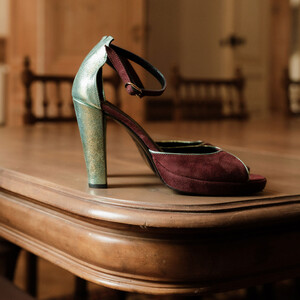 Purple and green high-heeled sandal 