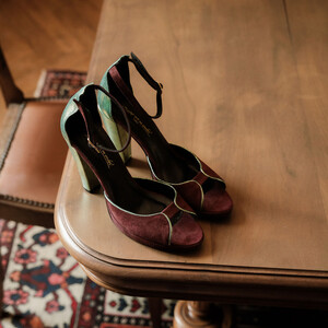 Purple and green high-heeled sandal 
