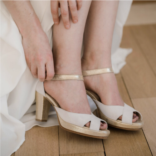 Salomé plateforme en velours blanc cassé et irisé champagne
