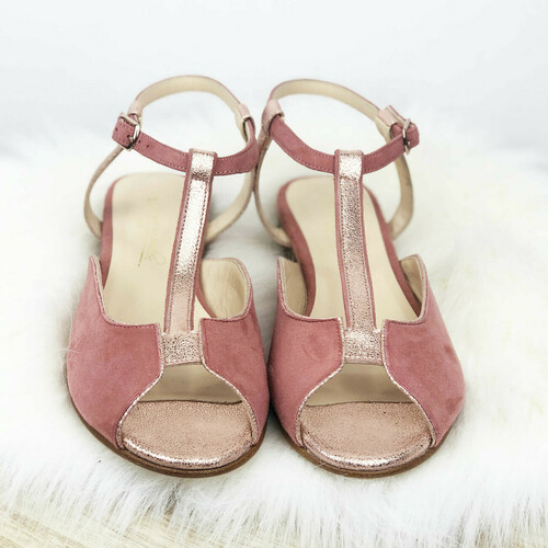 Sandale Charlotte plate en velours rose thé et irisé or rose