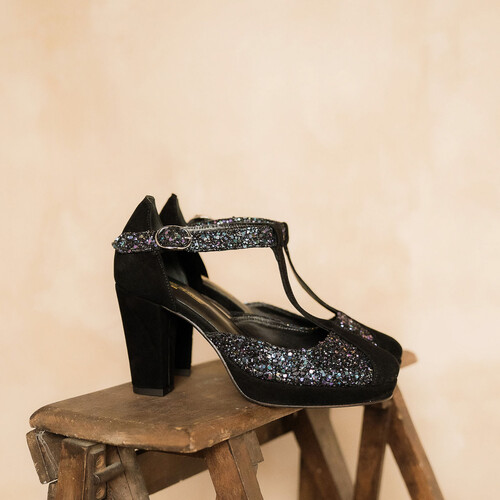 Salomé plateforme en velours noir et glitter stralight chaussure plateforme noire et glitter starlight