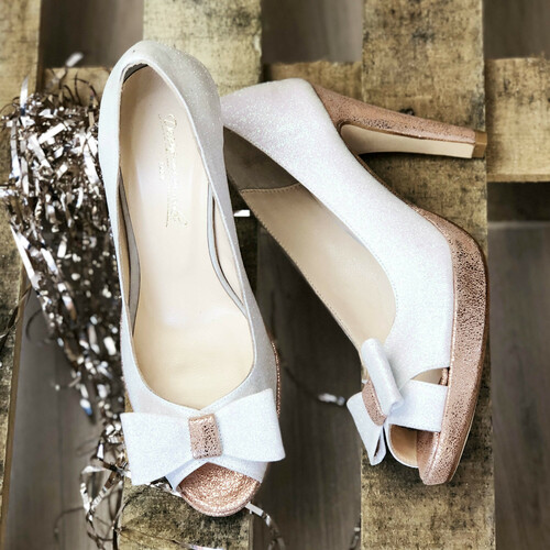 Escarpin ouvert plateforme en fine paillette blanche et irisé or rose Escarpin de mariage rose gold