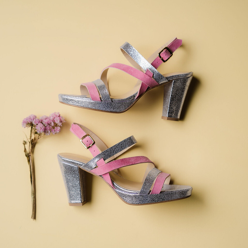 Sandale Emma plateforme en velours rose bonbon et irisé lilas